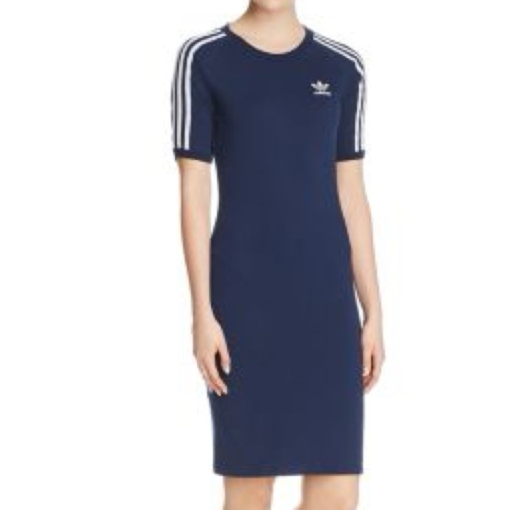 adidas Navy Blue Midi T-Shirt Dress with White Stripes